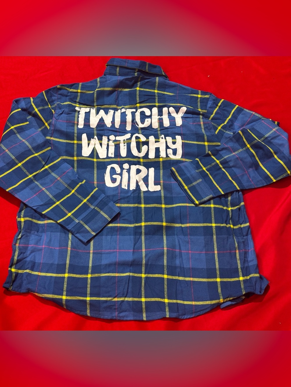 Blue Plaid Button-Down Shirt with 'Twitchy Witchy Girl' Back Graphic